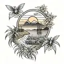 rice field and sun rise tattoo design idea