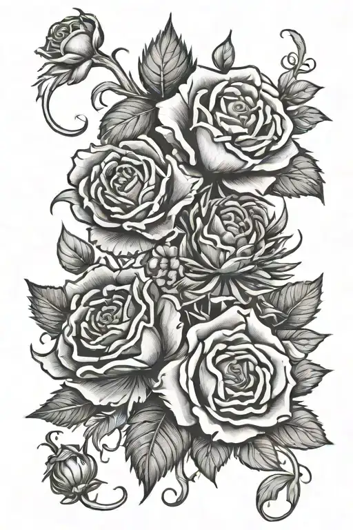 Tudor rose, shamrock and thistle tied together black and white tattoo design idea