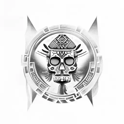 Aztec skull warrior with Aztec calendar in the background tattoo design idea