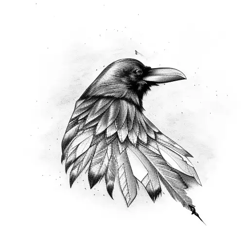 raven with 3 feather tattoo design idea
