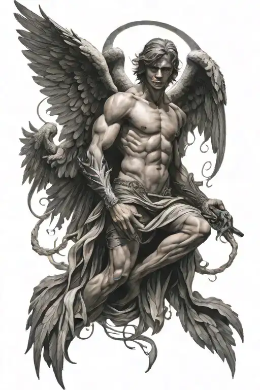 dark seraphin male angel with six wings  tattoo design idea