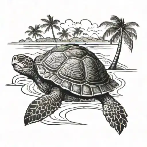 turtle on a beach with palm trees tattoo design idea