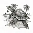turtle on a beach with palm trees tattoo design idea
