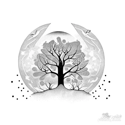 tree with Birds moon stars tattoo design idea
