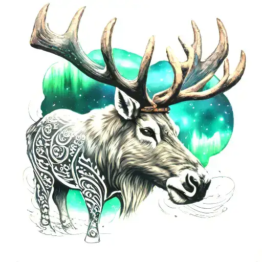 reindeer with northern lights in the sky filled tattoo design idea
