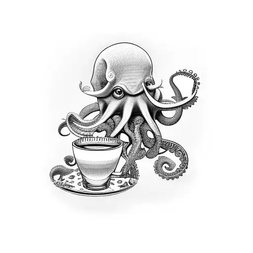A detailed black and grey tattoo of an octopus holding a coffee cup, surrounded by flowers and books tattoo design idea
