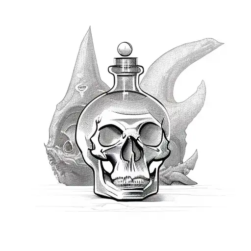 A potion bottle with a skull-shaped stopper surrounded by magical symbols tattoo design idea