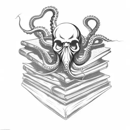 An octopus with a skull for a face wrapping its tentacles around a book tattoo design idea