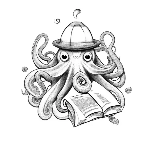 octopus reading a book with a coffee mug tattoo design idea