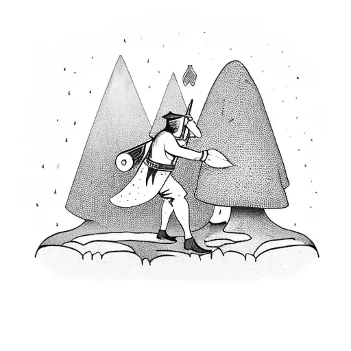 A sword fighting scene in a mushroom-filled forest tattoo design idea