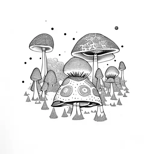 A gamer sitting on a giant mushroom, surrounded by a moonlit forest tattoo design idea