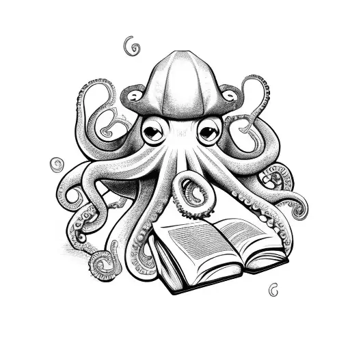 octopus reading a book with a coffee mug tattoo design idea