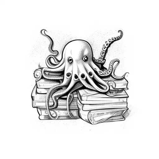 An octopus wrapped around a stack of books, with a skeleton hand reaching out to grab one tattoo design idea