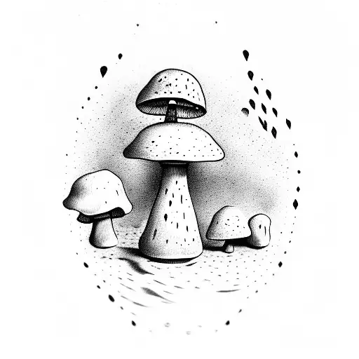 A coffee cup surrounded by magical mushrooms tattoo design idea