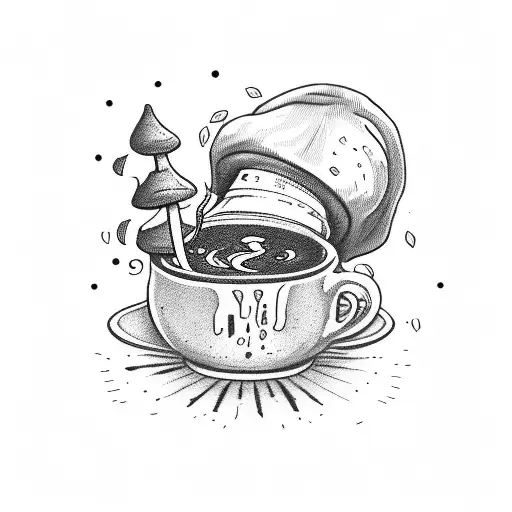 A coffee cup with mushrooms growing out of it and a witch's hat on top tattoo design idea