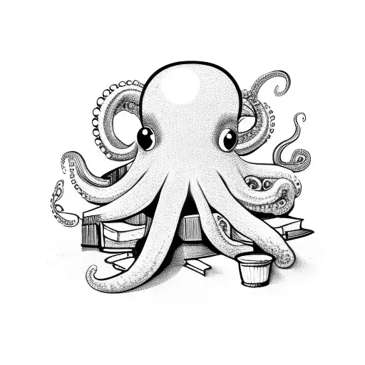 Octopus with a mustache and a coffee mug sitting on a pile of books tattoo design idea