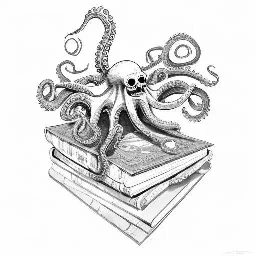 An octopus wrapped around a stack of books, with a skeleton hand reaching out to grab one tattoo design idea