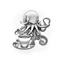 A detailed black and grey tattoo of an octopus holding a coffee cup, surrounded by flowers and books tattoo design idea