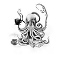A detailed black and grey tattoo of an octopus holding a coffee cup, surrounded by flowers and books tattoo design idea