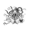 A detailed black and grey tattoo of an octopus holding a coffee cup, surrounded by flowers and books tattoo design idea