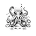 A detailed black and grey tattoo of an octopus holding a coffee cup, surrounded by flowers and books tattoo design idea