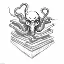 An octopus with a skull for a face wrapping its tentacles around a book tattoo design idea