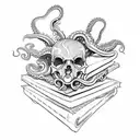 An octopus with a skull for a face wrapping its tentacles around a book tattoo design idea