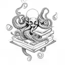 An octopus with a skull for a face wrapping its tentacles around a book tattoo design idea