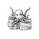 An octopus wrapped around a stack of books, with a skeleton hand reaching out to grab one tattoo design idea