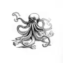 An octopus wrapped around a stack of books, with a skeleton hand reaching out to grab one tattoo design idea