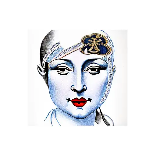 a  pin-up  nurse blue uniform a Mona  Lisa smile pixie. haircut dark red lipstick  some  cleavage framed by a white and  tattoo design idea