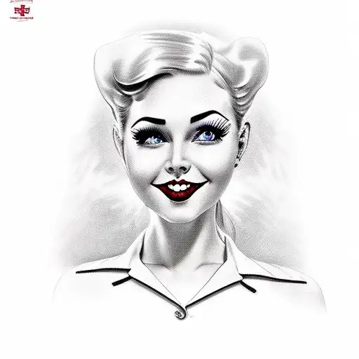  pin-up  nurse blue uniform smile pixie. haircut dark red lipstick  some  cleavage framed by a white and  tattoo design idea