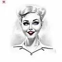  pin-up  nurse blue uniform smile pixie. haircut dark red lipstick  some  cleavage framed by a white and  tattoo design idea
