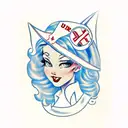  pin-up  nurse blue uniform smile pixie. haircut dark red lipstick  some  cleavage framed by a white and  tattoo design idea