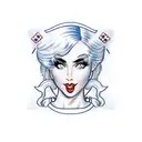  pin-up  nurse blue uniform smile pixie. haircut dark red lipstick  some  cleavage framed by a white and  tattoo design idea