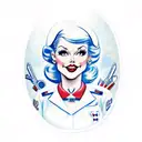  pin-up  nurse blue uniform smile pixie. haircut dark red lipstick  some  cleavage framed by a white and  tattoo design idea