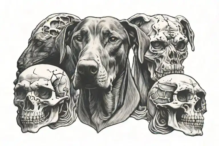 3 head Doberman and skulls facing each other tattoo design idea
