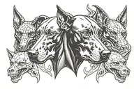 vicious 3 headed Doberman dog head and skulls  tattoo design idea
