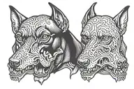 vicious 3 headed Doberman dog head and skulls  tattoo design idea