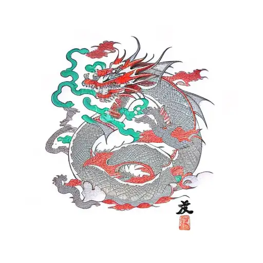 Dragon around warrior in garden  tattoo design idea