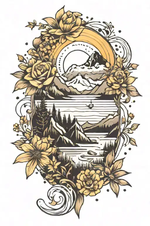 Mountains, river, wild fowers, stars, minimalist, flowing, dot shading tattoo design idea