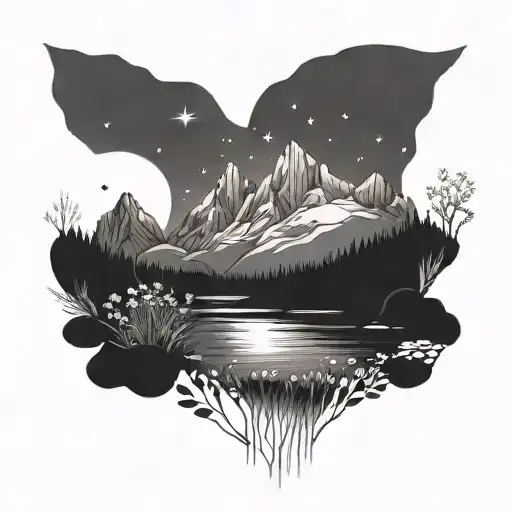 Mountains, river, wild fowers, stars, minimalist, flowing, dot shading tattoo design idea