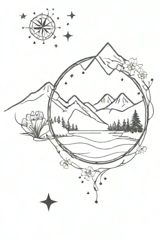 Mountains, river, wild fowers, stars, minimalist, flowing, dot shading compass tattoo design idea