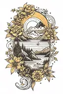 Mountains, river, wild fowers, stars, minimalist, flowing, dot shading tattoo design idea