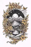 Mountains, river, wild fowers, stars, minimalist, flowing, dot shading tattoo design idea