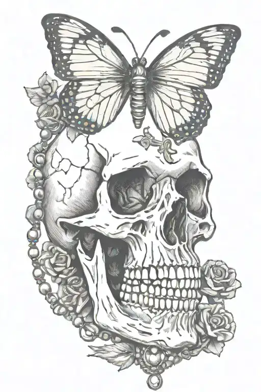 skull wearing rosary beads with butterfly perched tattoo design idea