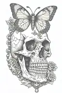 skull wearing rosary beads with butterfly perched tattoo design idea
