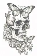 skull wearing rosary beads with butterfly perched tattoo design idea