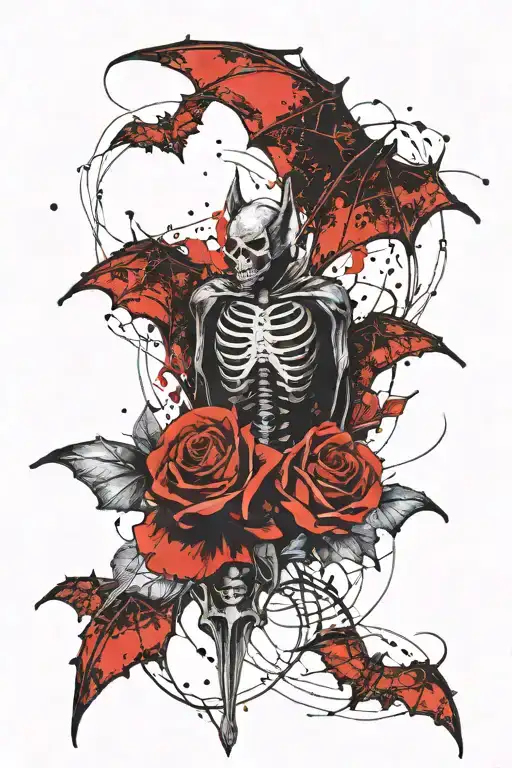Bat with his skeleton exposed heart seen and with a rose behind the bat tattoo design idea