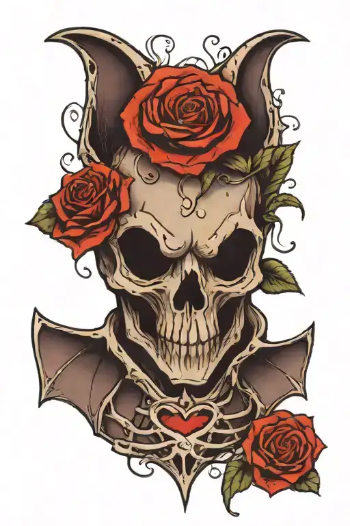 Bat with his skeleton exposed heart seen and with a rose behind the bat tattoo design idea